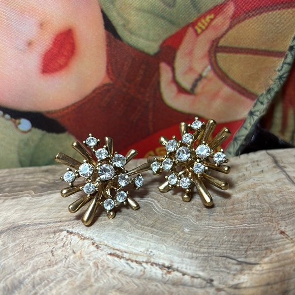 J. Crew Earrings 1”x1.5” Clear Crystal Gem Gold Starburst Fireworks GUC Elegant - Picture 3 of 9